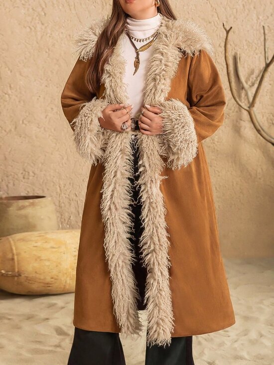 Brown Casual Women's Bohemian Plus Size Warm & Soft Fuzzy Jacket - Picture 5 of 8